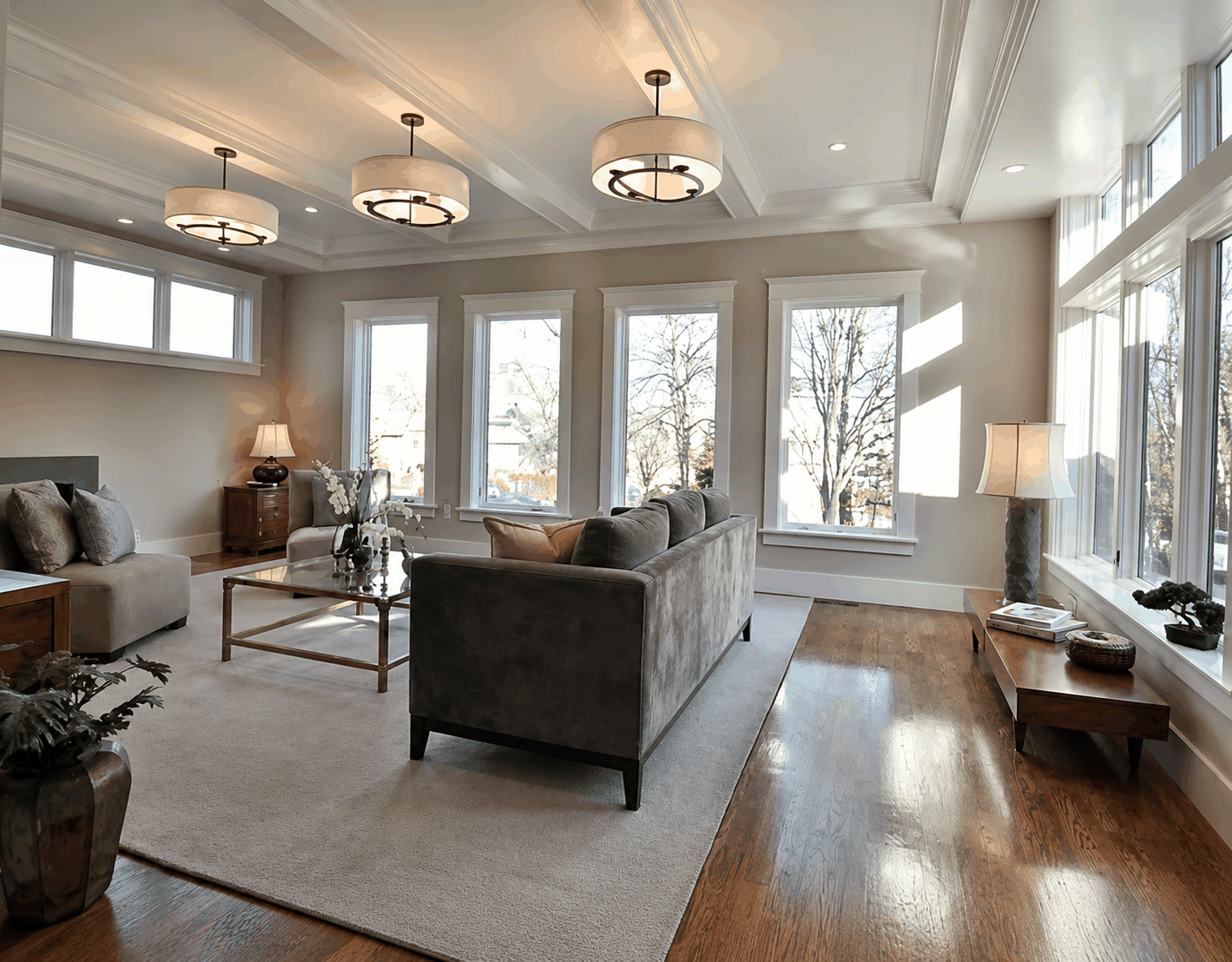 Remodeled living room with trim and ceiling details